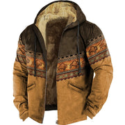 Vintage Wool Hooded Jacket for Men, Warm Cozy Printed Coat, Burning Man Coat, Lightweight Fashion Western Jacket,Plus size 8XL 1 1 2Color 2XL 