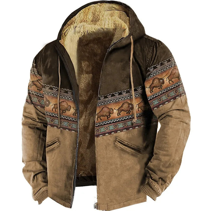 Vintage Wool Hooded Jacket for Men, Warm Cozy Printed Coat, Burning Man Coat, Lightweight Fashion Western Jacket,Plus size 8XL 1 1 3Color 2XL 