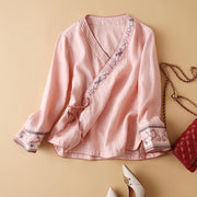 Cotton Linen Embroidered Women Blouse, Long Sleeve Asymmetrical Tunic Oversized Shirt 1 1 Can 328 Pink 3XL 