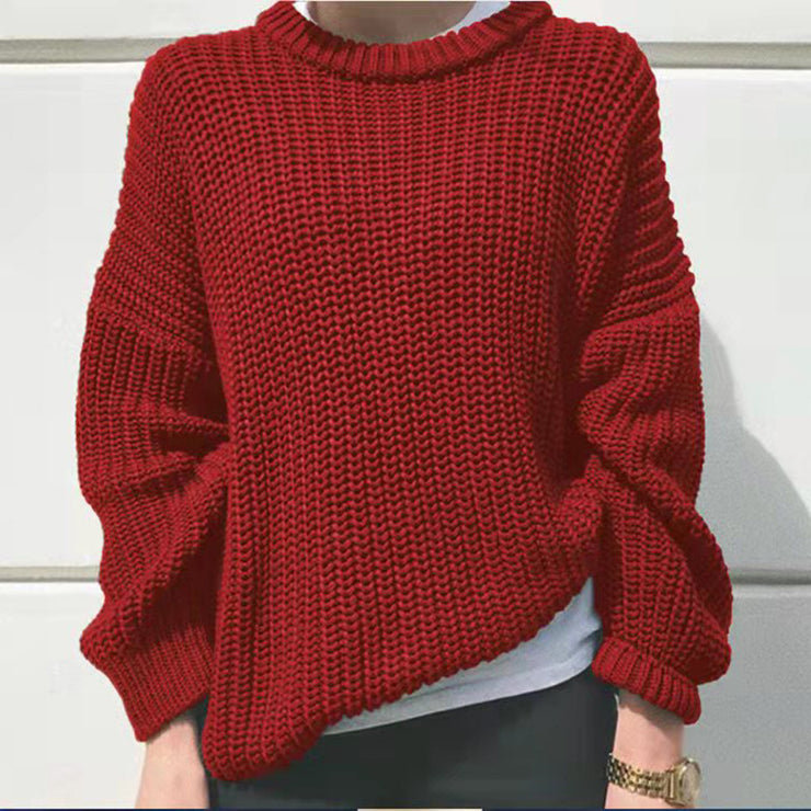 Paris Womens Crewneck Chunky Sweater, Casual Soft Pullover Solid Fall Knit Jumper Tops Loose Fit Cable Knitted Sweater 1 Love Your Mom Wine Red L 