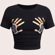 Rave Cute Crop Top, Designer Evening Party Top, Streetwear Tshirt Tops, Hands Print Shirt 1 1 Black S 