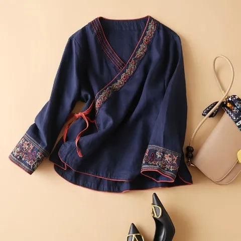 Cotton Linen Embroidered Women Blouse, Long Sleeve Asymmetrical Tunic Oversized Shirt 1 1 Can 328 Navy Blue 3XL 