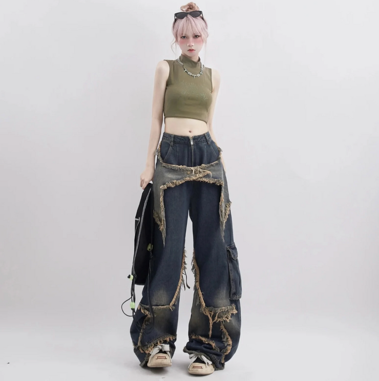 Y2k Old Washed Loose straight Jeans / High Waist Fringed Wide Leg Pant/ Fashion Hip Hop Vintage Straight Autumn Baggy Trousers 1 1   