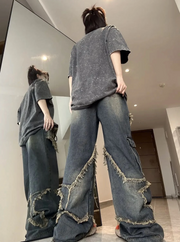 Y2k Old Washed Loose straight Jeans / High Waist Fringed Wide Leg Pant/ Fashion Hip Hop Vintage Straight Autumn Baggy Trousers 1 1   