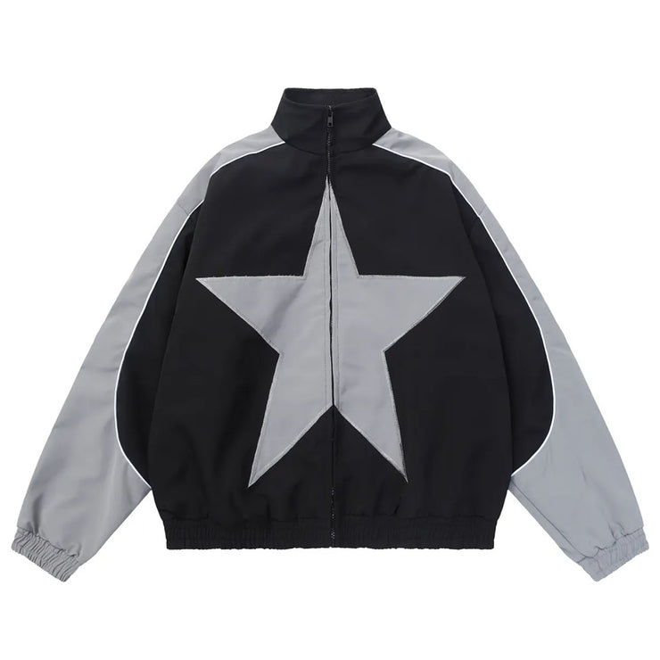 Pentagram Star Patchwork Retro Bomber Jacket, Unisex Berlin Street Varsity Coats Oversized Harajuku Y2k Sport Outwear Auitumn. 1 1   