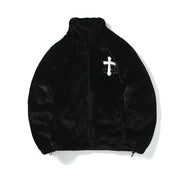 Gothic Letter Cross Embroidery Fur Jacket Coat, Berlin Style Tattoo Font Top Unisex Techno Raver Jacket 1 1 Black thickened with cotton 2XL 