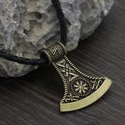 Viking Axe Vegvisir Compass Sowilo Stainless Steel Pendant Necklace, Nordic Gothic jewelry Gift 1 1 Bronze Leather Rope  