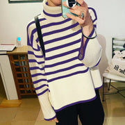 Striped Knit Turtleneck Sweater, Oversize Knitted Pullover Women Loose Casual Pure Cotton Sweater loveyourmom Love Your Mom Beige with dark blue stripes L 