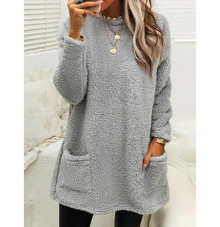 Women's Fleece Pullover Long Sweater With Pockets Winter Warm Casual Long Sleeve Plush Tops loveyourmom Love Your Mom Gray L 