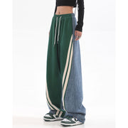 NYC 90s Streetwear High Waist Trousers, Y2K Straight Leisure Pants Stitching Wide Leg With Pocket Retro Rave Pants loveyourmom Love Your Mom Green L 