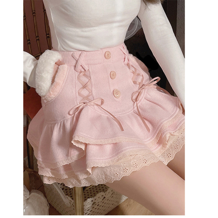 Soft Warm Plush Knitted Cake Dress, Pink A-Line Skirt, Aesthetic Japanese Dress, Cute Popular Streetwear Dress, Popular Lace up Dress 1 1   