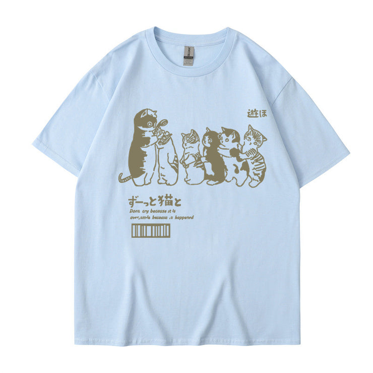 Japanese Cartoon Cat Shower Street Unisex Oversized T-Shirt, Cute Hip Hop Street tee Casual Cotton Summer Short Sleeveה 1 1 Light Blue L 