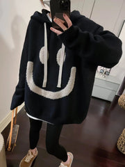 Cute Oversized Smiley Face Hooded Sweater, Festival Outdoor Warm Oversized Top loveyourmom Love Your Mom   