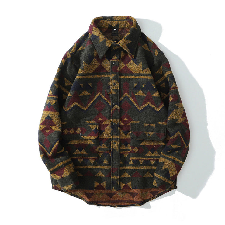 Aztec Print Lapel Pocketed Shacket Jacket, Cashmere Flannel Men Long Sleeve Streetwear Top, National Geometric Retro Clothes 1 1 Yellow 2XL 