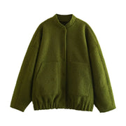 Berlin Loose Fit Standing Collar Jacket Women, Oversized Leisure Pockets Overcoat, Designer Fluffy Loose Sleeve Jacket 1 1 Army Green L 