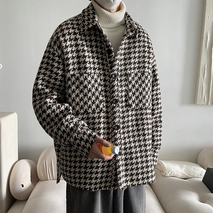 Oversized Houndstooth Lightweight Pocketed Overcoat -Plaid Woolen Jacket Hong Kong Styling 1 1 Brown 2XL 