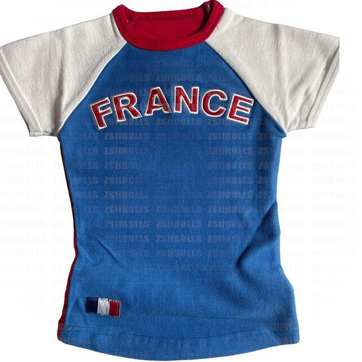 Y2K France - Brazil - Erie Baby Tees - Embroidered Aesthetic Tee - Women Clothing - Retro Blokette Aesthetic - Soccer T-Shirt Y2K, coquette aesthetic Shirt for her 1 1 NVTX3037 L 