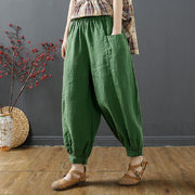 Women loose stone washed linen harem pants, summer cotton linen tapered pants, retro elastic waist cotton linen wide leg pants 1 1 Green 2XL 