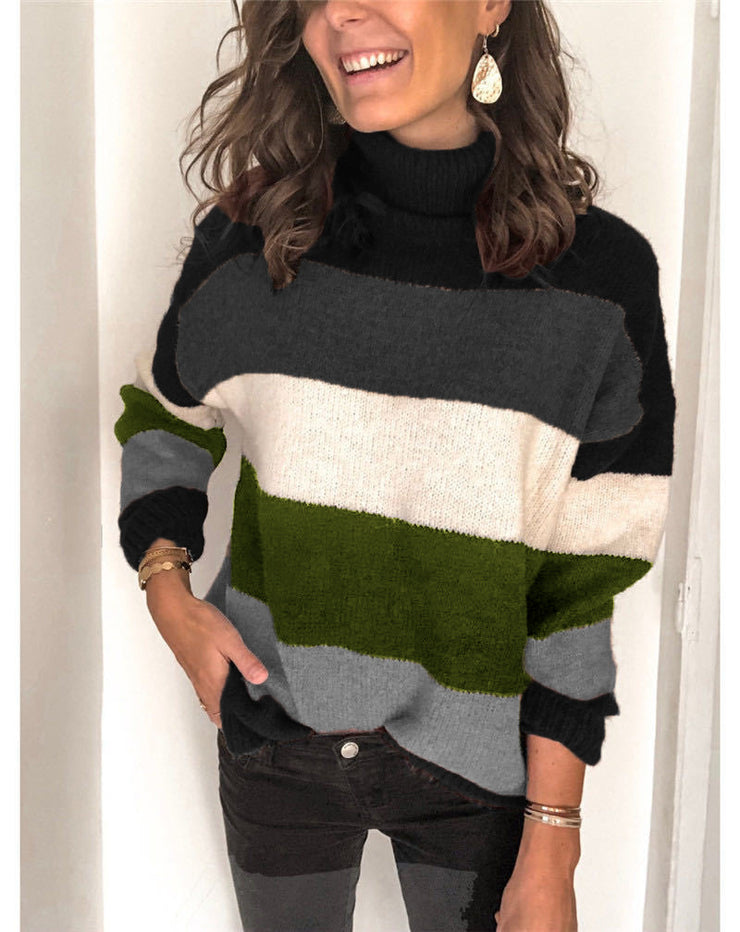 Women Striped Stitched Turtleneck Long-Sleeved Knitted Pullover Oversized Raglan Sleeve Tops for Women Fall loveyourmom Love Your Mom Black 2XL 