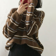 Berlin Striped  Women Sweater, Cool Striped Vintage Loose Round Neck Knitted Pullover Fall Winter Korean Style loveyourmom Love Your Mom Brown Free Size 