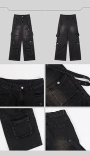 Balck Raver Multiple Pockets Lace-up Opiumcore Jeans, Unisex Baggy Denim Pants Plus Size Mopping, Y2k Streetwear Harajuku Baggy Multi-Pocket Blue Denim Cargo Pants 1 1   
