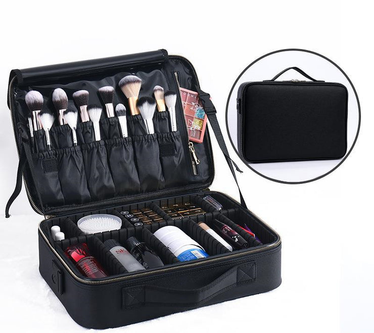 Tattooers Travel Bag, Makeup Case Bag Professional Train Case, Travel Cosmetic Organizer Brush Holder Waterproof Makeup Artist Storage Box. 1 1 Leathermedium2 layers black  