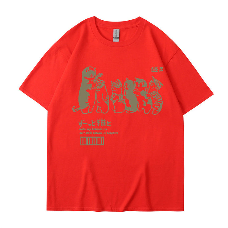 Japanese Cartoon Cat Shower Street Unisex Oversized T-Shirt, Cute Hip Hop Street tee Casual Cotton Summer Short Sleeveה 1 1 Red L 