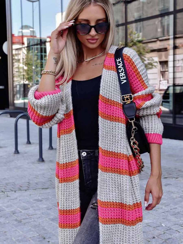Cardigan Women Womens Stripe Panel Sweater Cardigan Long Colorblock Pocket Knit Cardigan,Striped Color Block Long Sleeve Knitted Sweater Baggy Coat loveyourmom Love Your Mom   