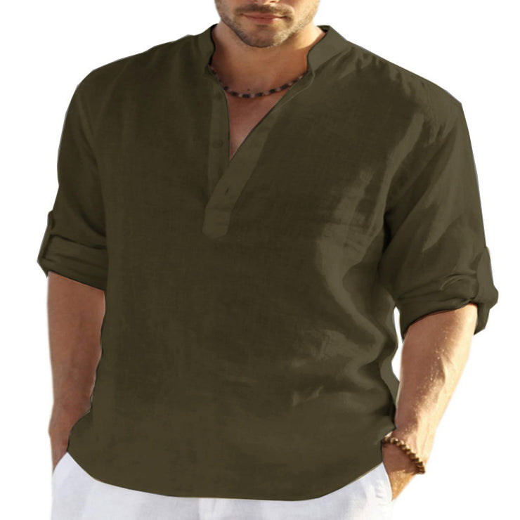 Men's Linen Long Sleeve T-Shirt For Beach, Party Loose Casual Spring Autumn 1 1 Army Green 2XL 