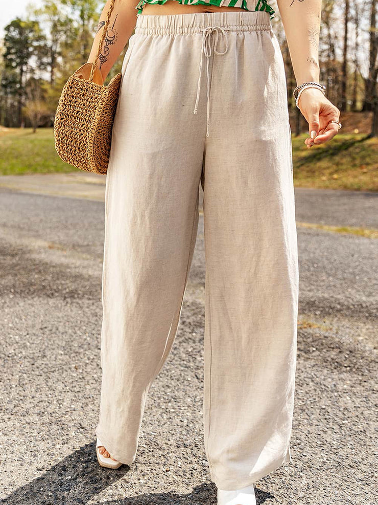 Women's Apricot Linen Wide Leg Pants, Cool  Summer Casual Solid Color Look 1 1   