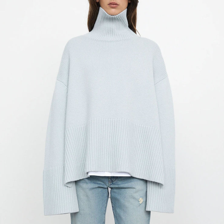 Striped Knit Turtleneck Sweater, Oversize Knitted Pullover Women Loose Casual Pure Cotton Sweater loveyourmom Love Your Mom Light blue solid color L 
