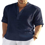 Men's Linen Long Sleeve T-Shirt For Beach, Party Loose Casual Spring Autumn 1 1 Navy Blue 2XL 