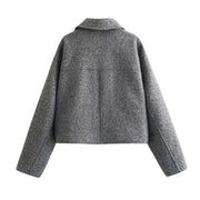 Elegant Gray Cropped Jacket for Women | Fashion Autumn Wool Blend Coat | Casual Chic Zippered Outerwear | Modern Lapel Design Female Chaquetas loveyourmom Love Your Mom   