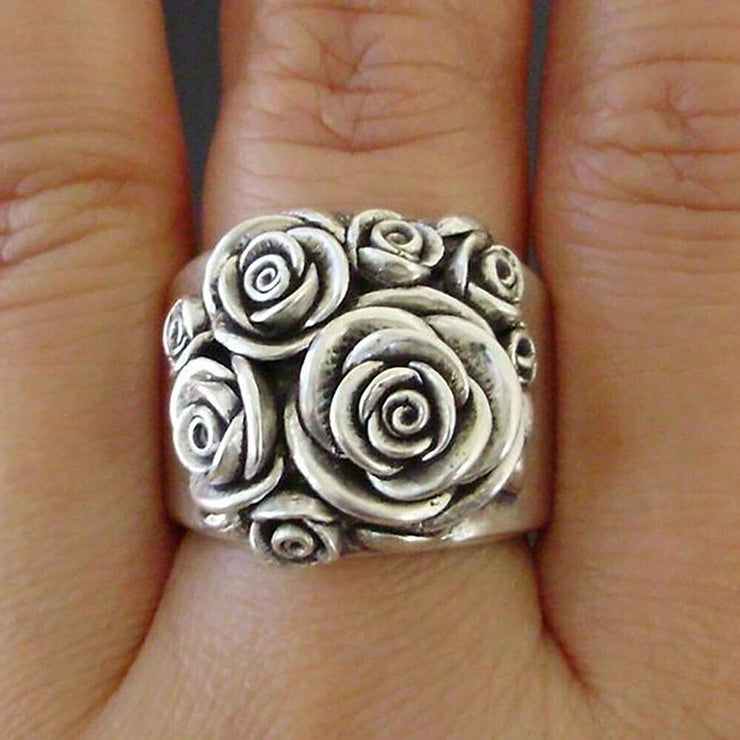 Sterling silver Rose Engraved Ring, 925 silver Wide band, Engraved rose ring, Vintage rose ring, Boho Romantic jewelry 1 1   