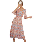 London Women's Floral Summer Dress A-Line Swing Casual Beach Dress V Neck Boho mid-Long Sleeves Dresses loveyourmom Love Your Mom   