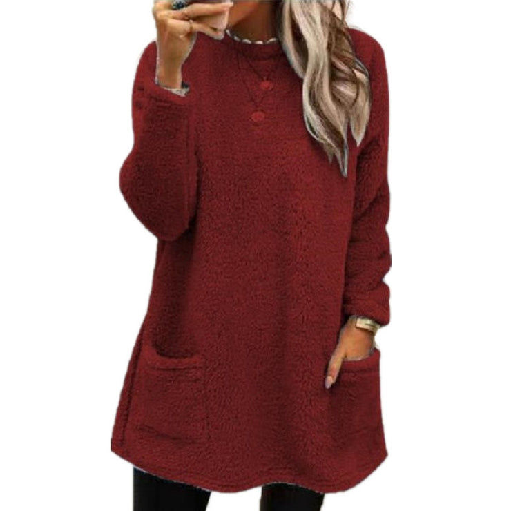 Women's Fleece Pullover Long Sweater With Pockets Winter Warm Casual Long Sleeve Plush Tops loveyourmom Love Your Mom Red L 