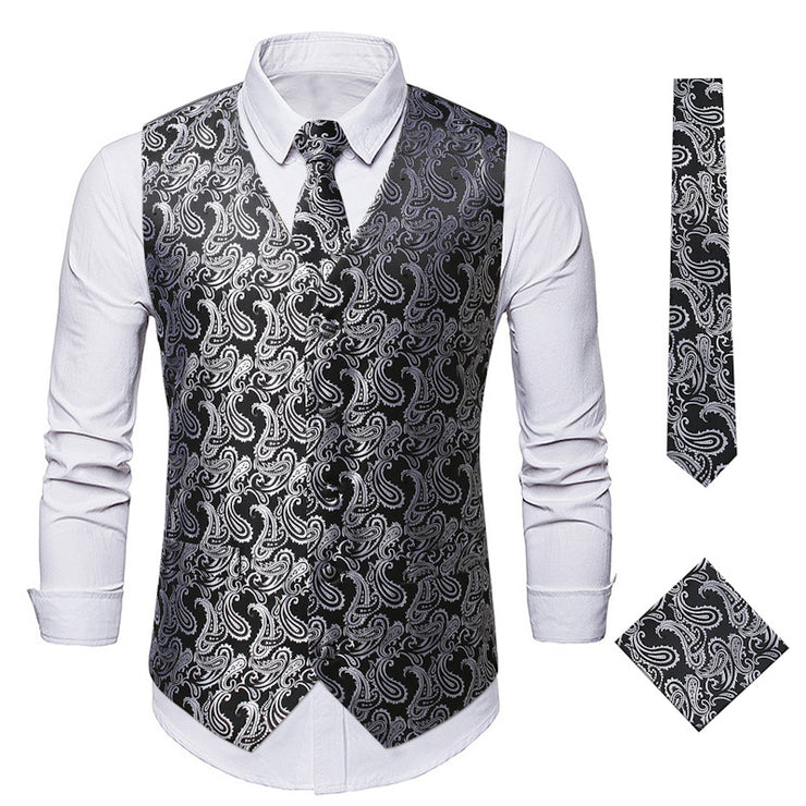 Men's 3Pc Paisley Waistcoat Set with Necktie Pocket Square | Victorian Steampunk Embroidered Vest | Formal Business Attire loveyourmom Love Your Mom Black And Silver 2XL 