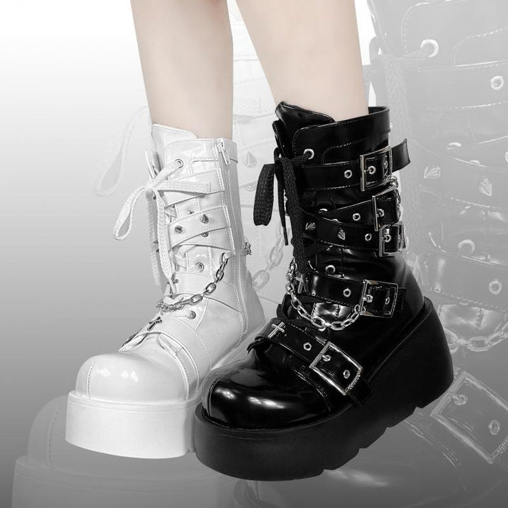 Gothic Platform Mid-calf Boots, Block High Heels, Platform Shoes, Buckle Boots, Y2K boots, Motorcycle Boots, Gothic Boots 1 1   
