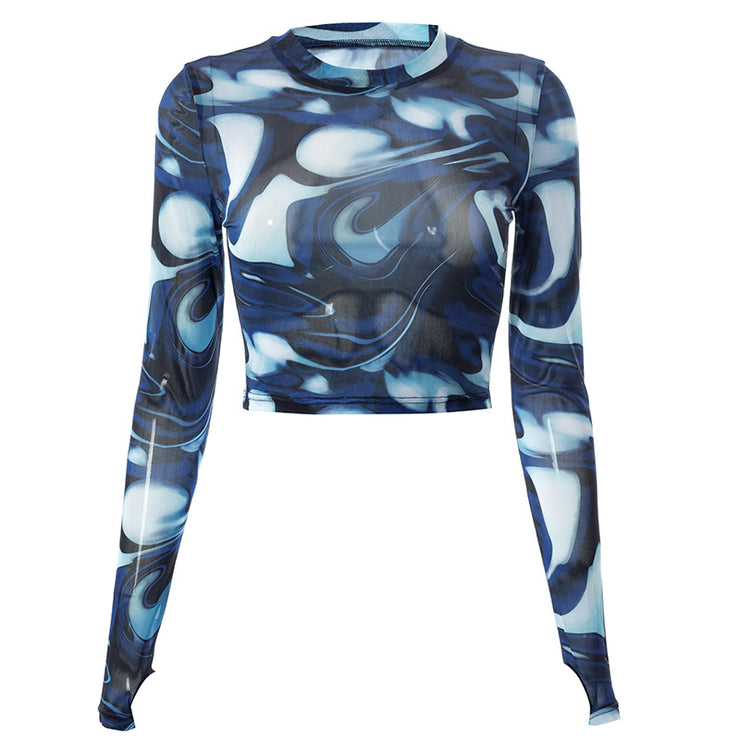 Women See Through Rave Cropped Top, Casual Pullover Navel Tops, Round Neck Long Sleeve Tops, Evening Wear Tops 1 1 Blue S 