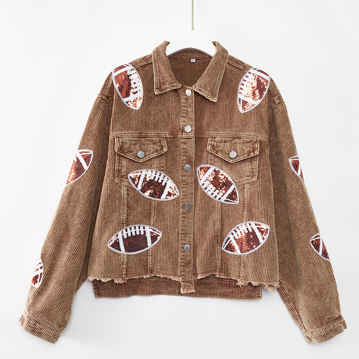 Women Football Embroidered Corduroy Jacket, Baseball Jacket - Rugby Sequin Shacket Jacket 1 1 Brown L 