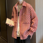 Oversized Houndstooth Lightweight Pocketed Overcoat -Plaid Woolen Jacket Hong Kong Styling 1 1 Red 2XL 