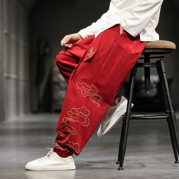 Chinese Retro Print Men's Harem Pants - Streetwear Autumn Casual Loose Plus Size Fashion Clothing. Plus Size Harem 5XL 1 1 Red 2XL 