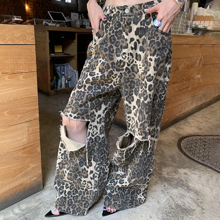 Y2K Aesthetic Leopard Print High Waisted Jeans | Baggy Cargo Pants | Vintage-Inspired Slimming Straight Pants for Women loveyourmom Love Your Mom Picture Color L 