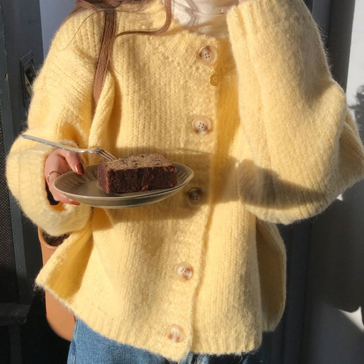 Copenhagen style fall Long-Sleeve Cardigans Sweater, yellow, purple, orange, pink Korean Cardigan O Neck Solid Color Knitted Sweater 1 1 Yellow One size 