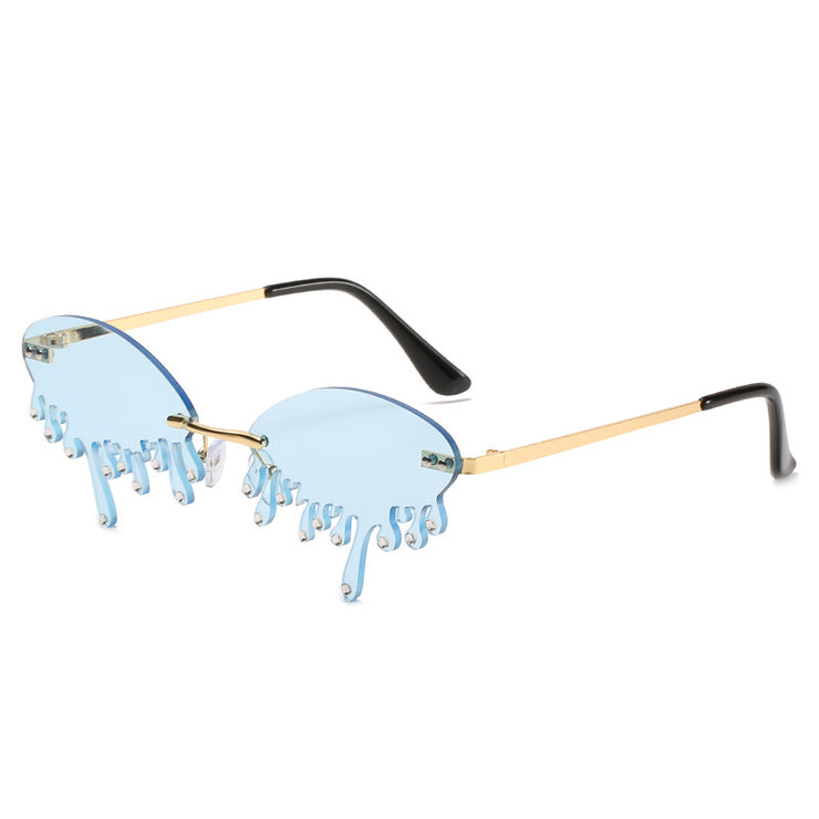 Teardrop shape sunglasses 1 1 Gold frame light blue film  