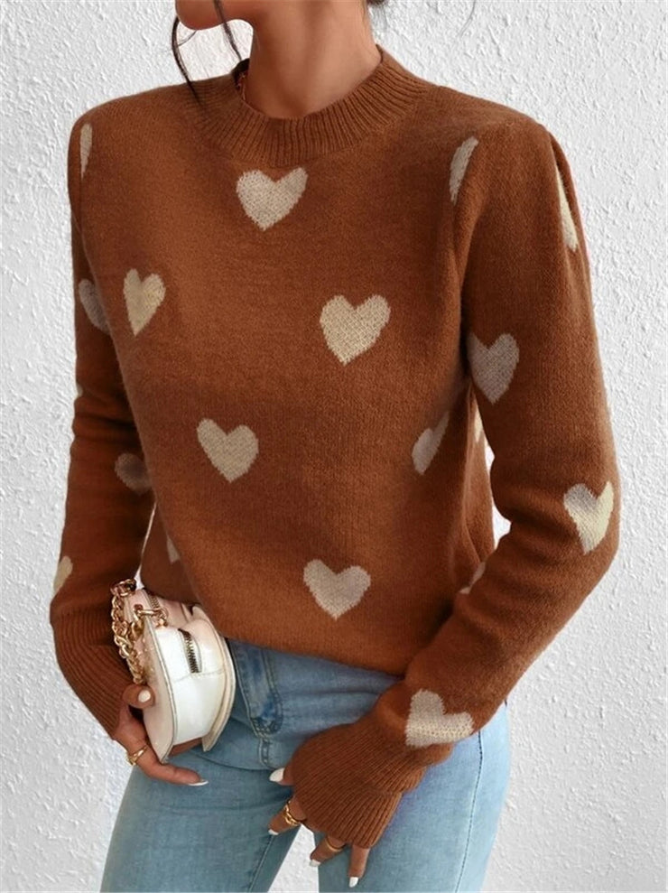 Women's Sweater Heart Pattern Sweater, Loose Round Neck Knitted Pullover Sweater loveyourmom Love Your Mom Brown L 