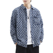 3D denim jacket, Japanese Retro Plaid Colorblock Baggy Casual Shirt, Blue Cotton Hip Hop Outerwear 1 1   