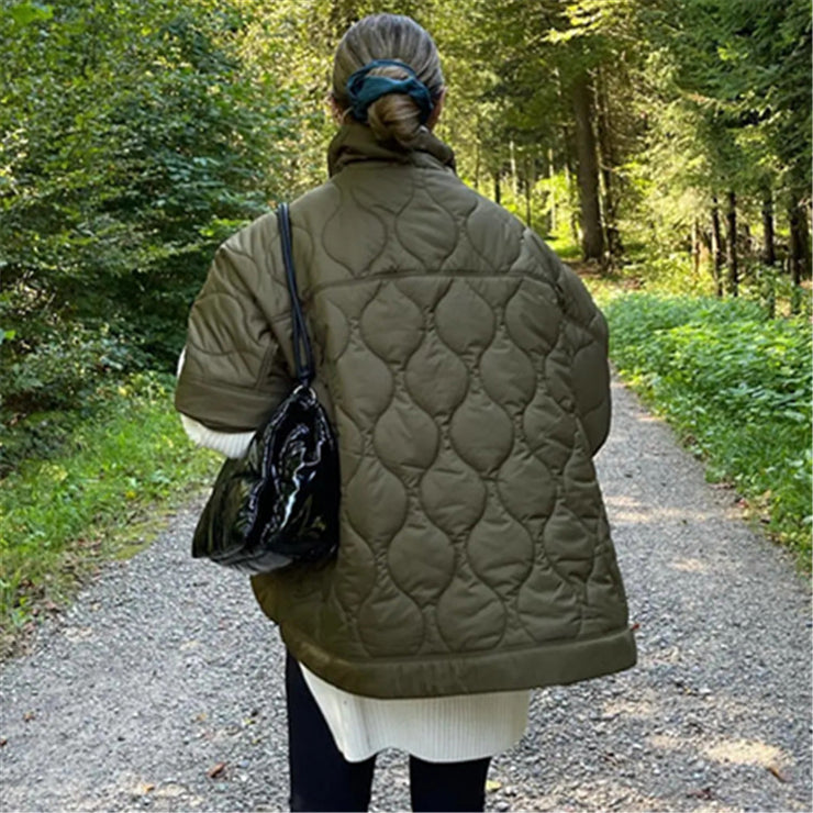 Berlin Quilted Argyle Coat Cape | Rainproof Autumn Spring Jacket Olive Green Casual Padded Parka | Oversize Turtleneck Coat - frühlingsoutfit damen 2024 übergangsjacke loveyourmom Love Your Mom   