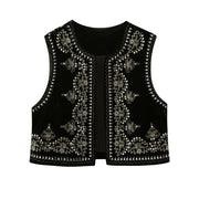 Women's Retro Black Hippie Boho Vest, Embroidered Velvet Vest, Y2K Embroidered Vest Tops Linen Cropped Sleeveless Exchic Floral Summer Duster 1 1   