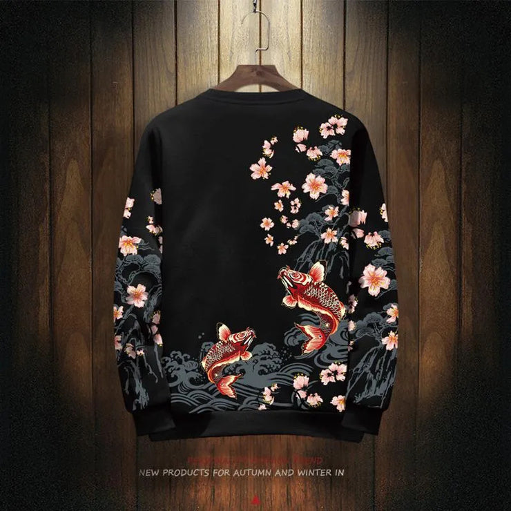 Round Neck Koi Sweater Men’s, Warm Cozy Sweater, Trendy Fashion Japanese Sweater, Long Sleeve Slim Fit Western Aesthetic Sweater 1 Love Your Mom   